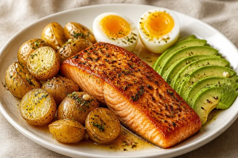 Plate of crispy garlic herb salmon garnished with herbs and lemon
