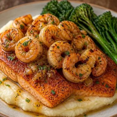 Crispy garlic shrimp served with salmon on a gourmet plate