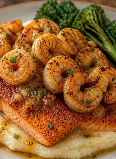 Crispy garlic shrimp served with salmon on a gourmet plate