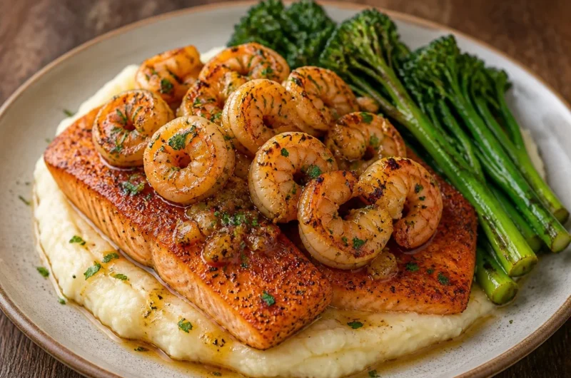 Crispy garlic shrimp served with salmon on a gourmet plate