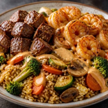 Delicious crispy garlic shrimp and steak fried rice served in a bowl.
