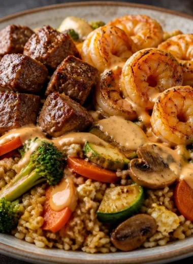 Delicious crispy garlic shrimp and steak fried rice served in a bowl.
