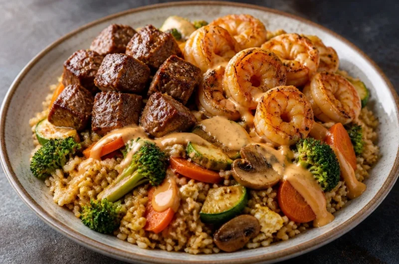 Delicious crispy garlic shrimp and steak fried rice served in a bowl.