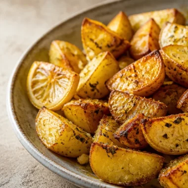 Crispy Greek-Style Lemon Potatoes garnished with garlic and oregano