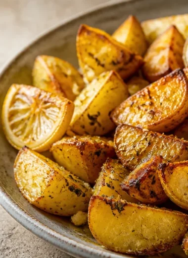 Crispy Greek-Style Lemon Potatoes garnished with garlic and oregano