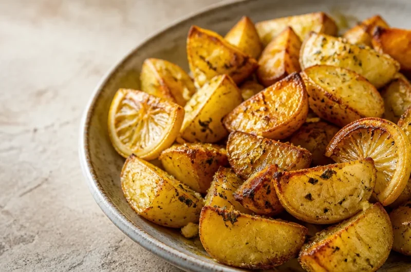 Crispy Greek-Style Lemon Potatoes garnished with garlic and oregano
