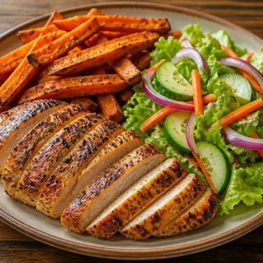 Crispy Grilled Chicken and Sweet Potato Plate 34 Crispy grilled chicken served with sweet potato on a plate