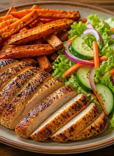 Crispy grilled chicken served with sweet potato on a plate
