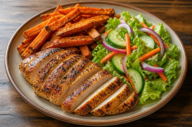 Crispy grilled chicken served with sweet potato on a plate