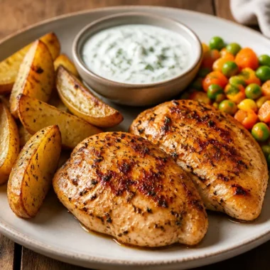 Crispy herb-grilled chicken with golden potato wedges garnished with herbs