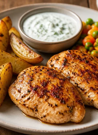 Crispy herb-grilled chicken with golden potato wedges garnished with herbs