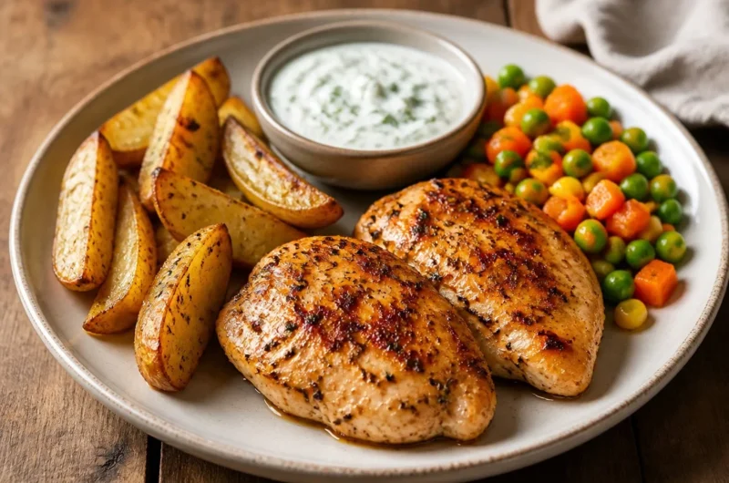 Crispy herb-grilled chicken with golden potato wedges garnished with herbs