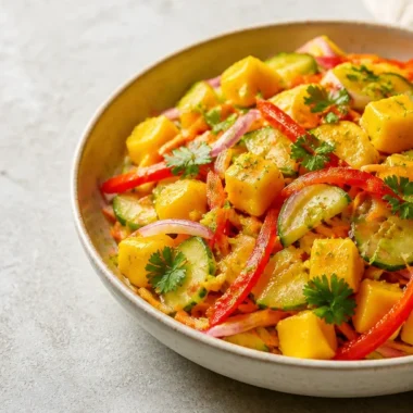 Crispy Mango Slaw with Lime Zest 35 Crispy mango slaw with lime zest served in a bowl, showcasing vibrant colors and textures.