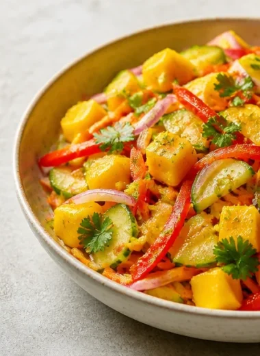 Crispy mango slaw with lime zest served in a bowl, showcasing vibrant colors and textures.