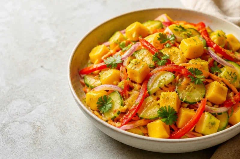 Crispy mango slaw with lime zest served in a bowl, showcasing vibrant colors and textures.