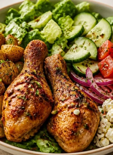 Crispy Mediterranean Chicken Bowl with fresh veggies and grains
