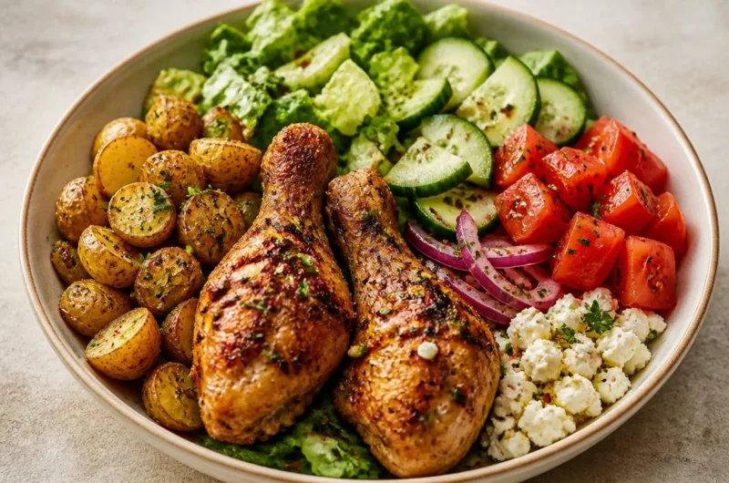 Crispy Mediterranean Chicken Bowl with fresh veggies and grains