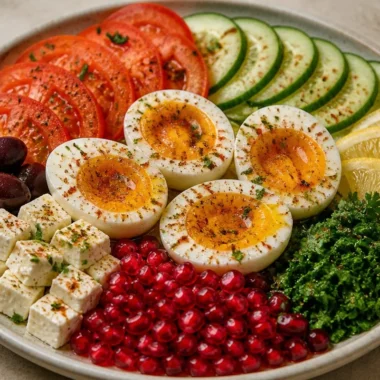 Crispy Mediterranean Egg Veggie Plate with vibrant vegetables and cooked eggs