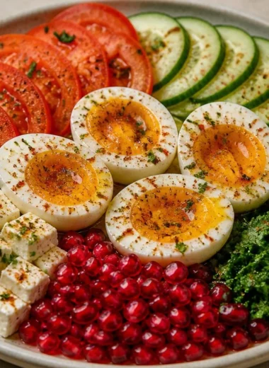 Crispy Mediterranean Egg Veggie Plate with vibrant vegetables and cooked eggs