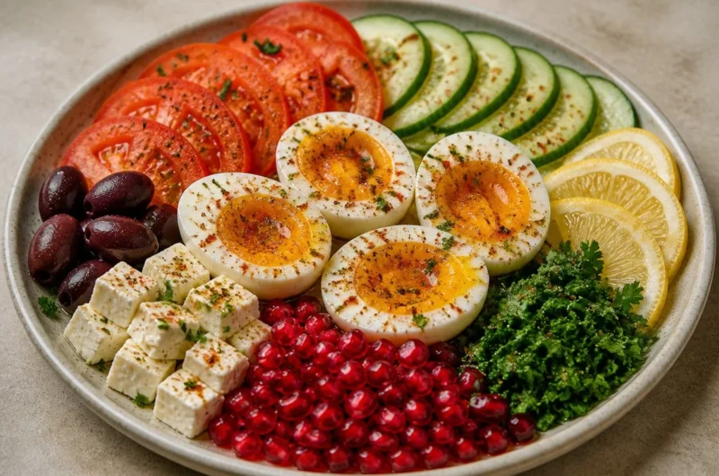 Crispy Mediterranean Egg Veggie Plate with vibrant vegetables and cooked eggs