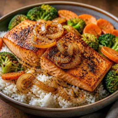 Crispy Salmon Rice Bowl With Garlic Pepper 33 Crispy salmon rice bowl garnished with garlic pepper and vegetables
