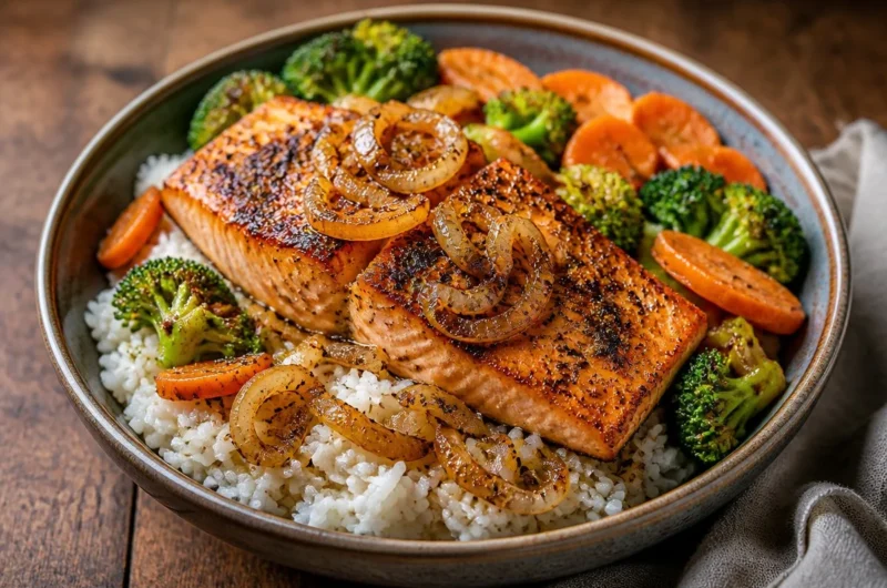 Crispy salmon rice bowl garnished with garlic pepper and vegetables