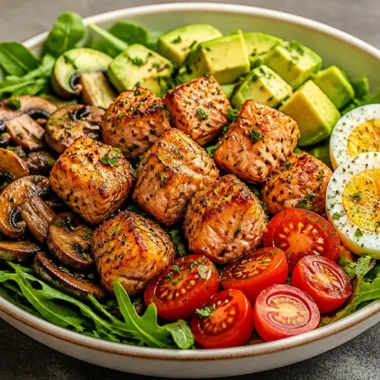 Crispy seared salmon in a vibrant power bowl with vegetables and grains.