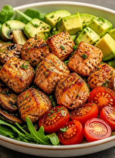 Crispy seared salmon in a vibrant power bowl with vegetables and grains.