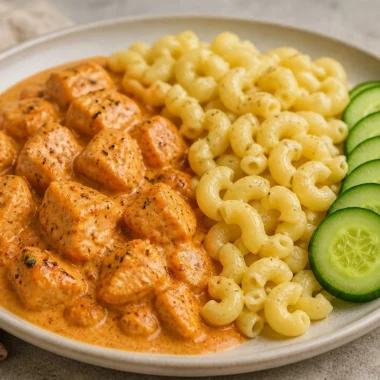 Cucumber Bites With Creamy Chicken Pasta 34 Cucumber Bites topped with creamy chicken pasta in a fresh, healthy dish.
