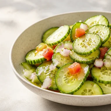 Cucumber Salad 30 Fresh cucumber salad with herbs and dressing in a bowl