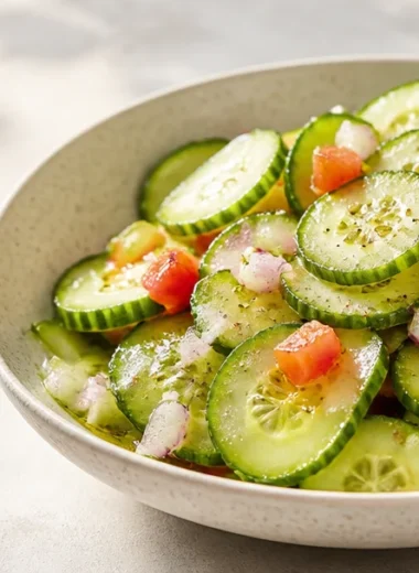 Fresh cucumber salad with herbs and dressing in a bowl