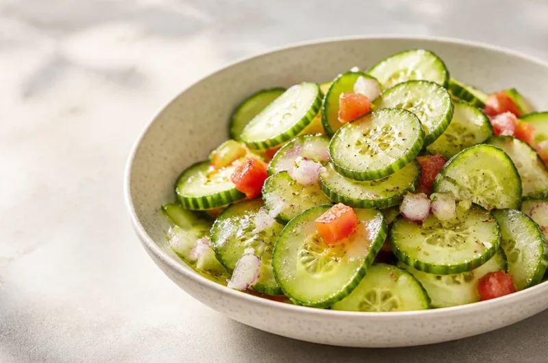 Fresh cucumber salad with herbs and dressing in a bowl