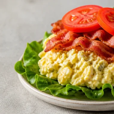 Bowl of creamy egg salad garnished with parsley and served with bread.