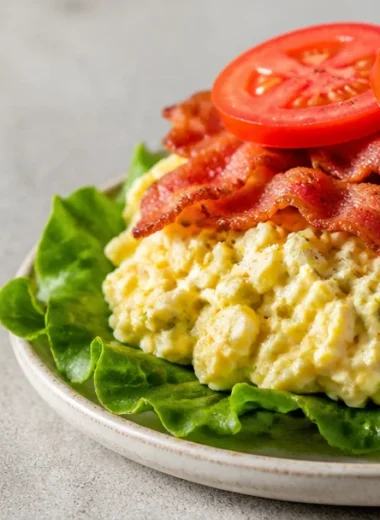 Bowl of creamy egg salad garnished with parsley and served with bread.