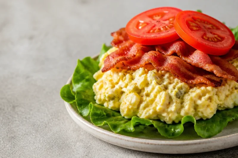 Bowl of creamy egg salad garnished with parsley and served with bread.