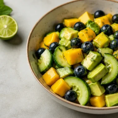 Fresh Mango Cucumber Salad With Blueberries And Avocado 35 Fresh mango cucumber salad with blueberries and avocado in a bowl