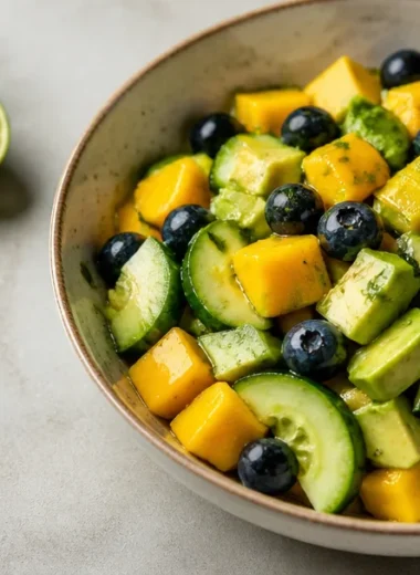 Fresh mango cucumber salad with blueberries and avocado in a bowl