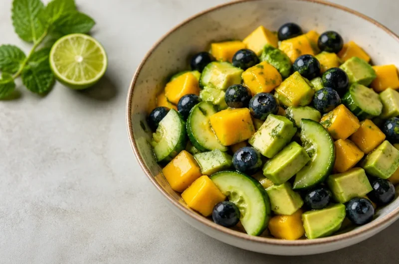 Fresh mango cucumber salad with blueberries and avocado in a bowl
