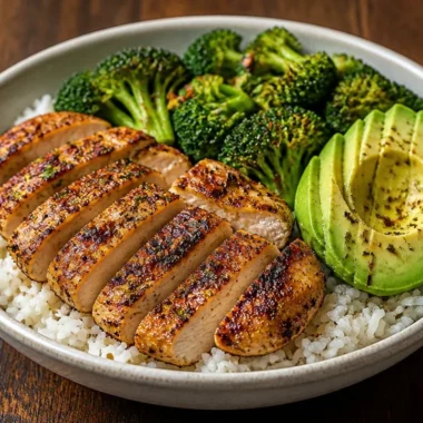 Golden Chicken Broccoli Rice Bowl with colorful vegetables and rice