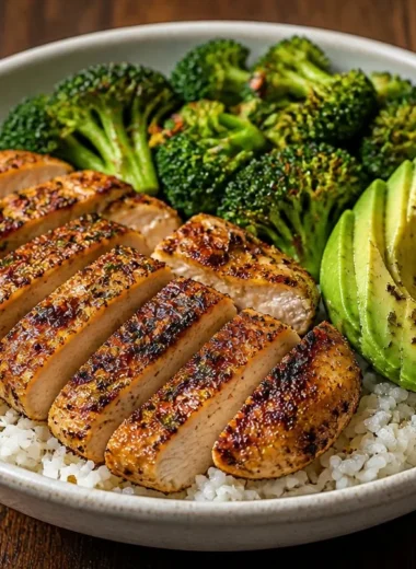 Golden Chicken Broccoli Rice Bowl with colorful vegetables and rice
