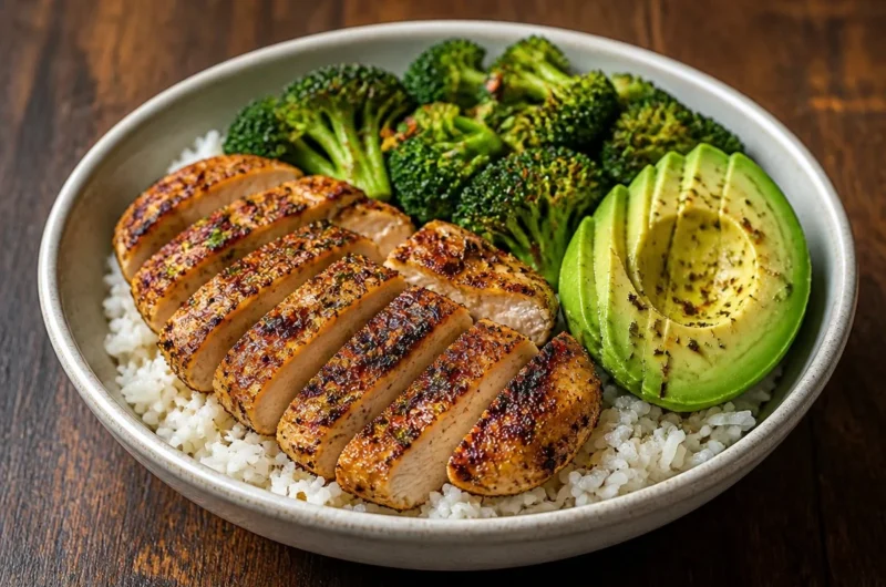 Golden Chicken Broccoli Rice Bowl with colorful vegetables and rice