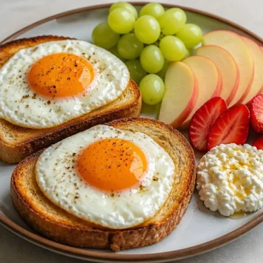 Golden Egg Toast With Fruit Plate 29 Golden Egg Toast served with a colorful fruit plate for a nutritious breakfast