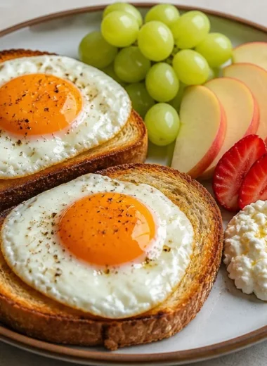 Golden Egg Toast served with a colorful fruit plate for a nutritious breakfast
