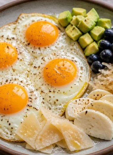 Golden Eggs served on an Avocado Power Plate for a nutritious meal.