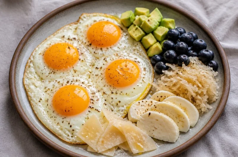 Golden Eggs served on an Avocado Power Plate for a nutritious meal.