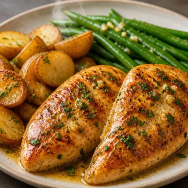 Golden garlic butter chicken served on a plate with herbs