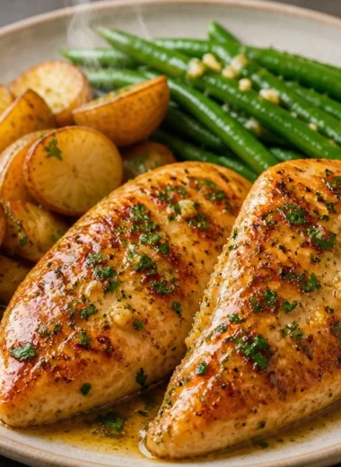 Golden garlic butter chicken served on a plate with herbs