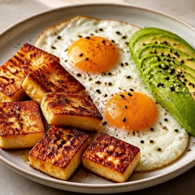 Golden Halloumi, Eggs, and Avocado Power Plate served in a bowl