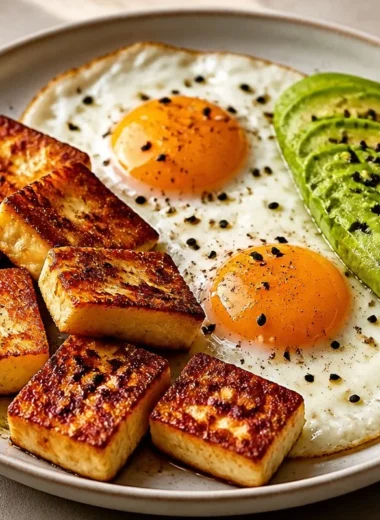 Golden Halloumi, Eggs, and Avocado Power Plate served in a bowl