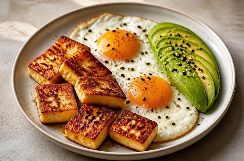 Golden Halloumi, Eggs, and Avocado Power Plate served in a bowl